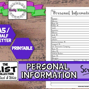 Op de afbeelding: Printbare persoonlijke informatiepagina in zwart-wit. De pagina bevat velden voor naam, adres, telefoonnummers, e-mail, bedrijfsinformatie, website, rijbewijs, paspoort, autoverzekering, medische informatie en allergieën.