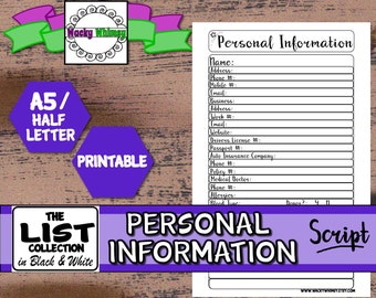 Personal Information List Planner Insert | Black & White Script | Printable | A5/Half Letter | ID List| Carpe Diem, Filofax, Kikki K, Arc