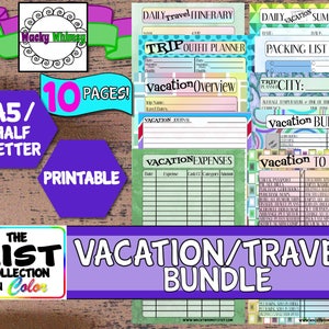 May include: A printable vacation planning bundle with 10 pages in A5/half letter size. The pages are colorful and feature a variety of checklists, budgets, and itineraries. The title of the bundle is "The List Collection in Color" and the text "Vacation/Travel Bundle" is in large, bold letters.