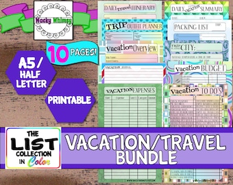 Vacation Travel Bundle Planner Inserts | 10 Pgs | Fun Multi Colors | Printable | A5/Half Letter | Carpe Diem, Filofax, Kikki K, Color Crush