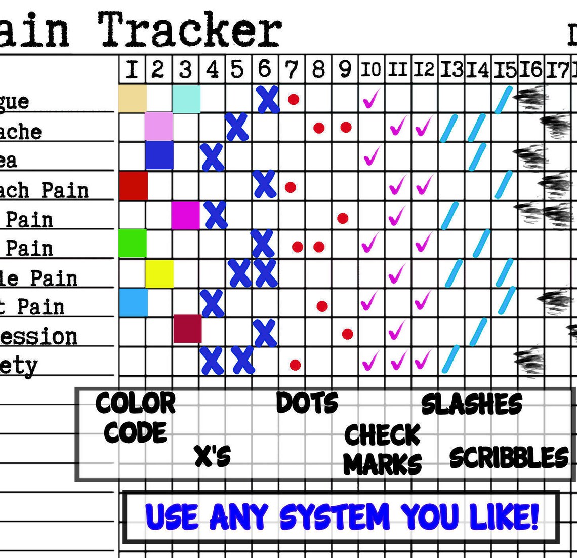 Planner Insert pain Tracker Headache Etsy