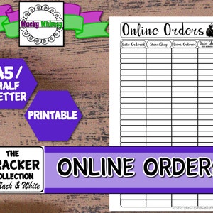 Könnte beinhalten: Druckbarer Online-Bestell-Tracker in Schwarzweiß. Der Tracker enthält Spalten für das Bestelldatum, den Shop/Laden, die bestellten Artikel und das Versanddatum.