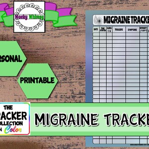 May include: A printable migraine tracker with a green and purple design. The tracker has columns for date, time started, aura, triggers, symptoms, intensity, and time ended. The text "Migraine Tracker" is at the top of the page.