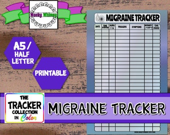 May include: Printable migraine tracker log sheet with columns for date, time started, aura, triggers, symptoms, intensity, and time ended. The sheet is designed for A5/half letter size paper and has a blue and gray gradient background.