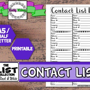 Contact List Planner Insert | Black & White Script | Printable | A5/Half Letter | Carpe Diem, Filofax, Kikki K, Arc, Bullet Journal