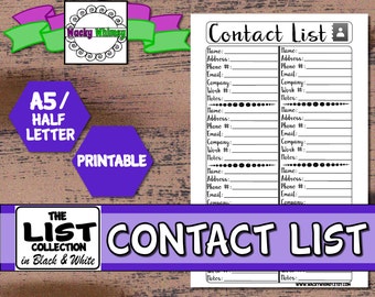 Contact List Planner Insert | Black & White Script | Printable | A5/Half Letter | Carpe Diem, Filofax, Kikki K, Arc, Bullet Journal