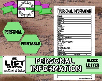 Personal Information List Planner Insert | Black & White Print | Printable | Personal | Color Crush, Filofax, Kikki K, Heidi Swapp