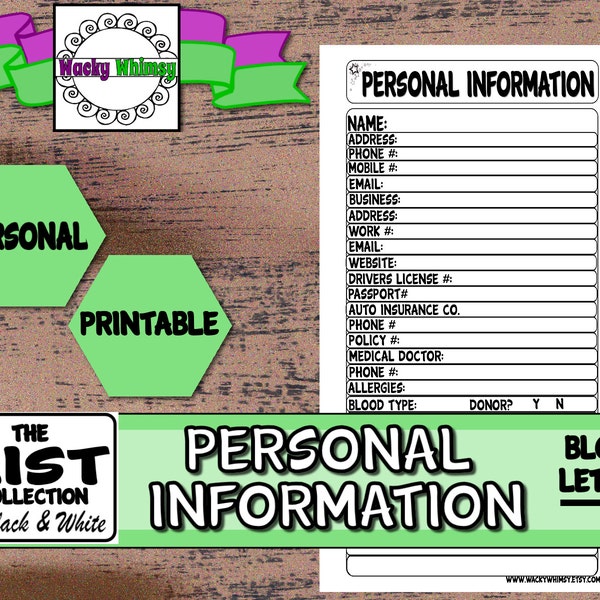 Personal Information List Planner Insert | Black & White Print | Printable | Personal | Color Crush, Filofax, Kikki K, Heidi Swapp
