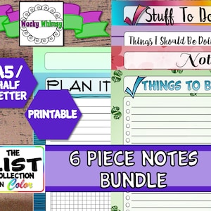 Könnte beinhalten: Ein Set aus sechs bedruckbaren Notizblöcken im Format A5/halb Brief mit bunten Rändern und Titeln. Die Titel lauten "Stuff To Do!", "Things I Should Be Doing", "Notes", "Plan It", "Things To Buy" und ein kariertes Notizblock. Die Notizblöcke sind Teil des "The List Collection in Color" Bundles.
