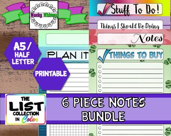 Notes Bundle Planner Inserts | Six Pages | Color | Printable | A5/Half Letter | Carpe Diem, Filofax, Kikki K, Color Crush, Discbound