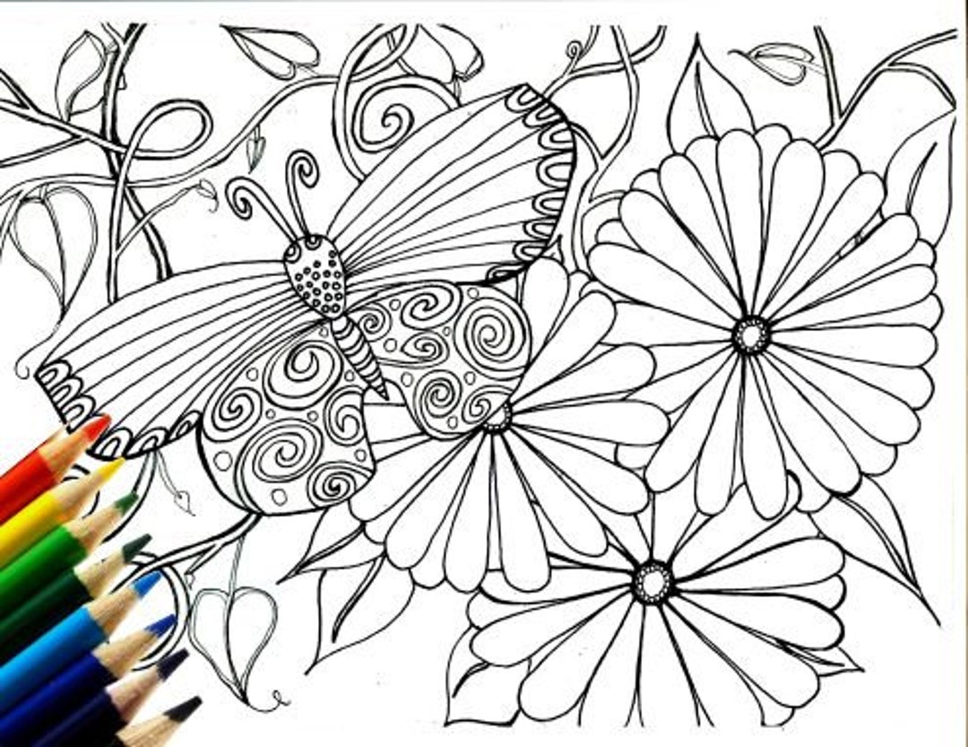 Printable Butterfly Garden - Coloring Page - Zendoodle, Tangle, for ...