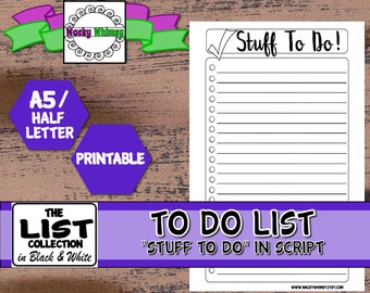 To Do List Planner Insert | A5/Half Letter | Black & White | Printable | Notepad | A5/Half Letter | Carpe Diem, Filofax, Kikki K, Discbound