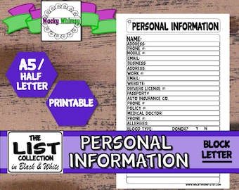 Personal Information List Planner Insert | Black & White Print | Printable | A5/Half Letter | ID List | Carpe Diem, Filofax, Kikki K, Arc