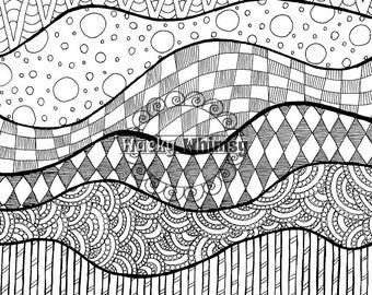 Peut inclure: Dessin abstrait en noir et blanc avec un motif ondulé. Le dessin présente une variété de formes géométriques, y compris des cercles, des carrés et des triangles.