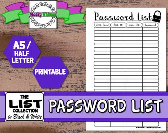 Password List Planner Insert | Black & White | Printable | User ID Keeper, Log | A5/Half Letter | For Carpe Diem, Filofax, Kikki K, Arc