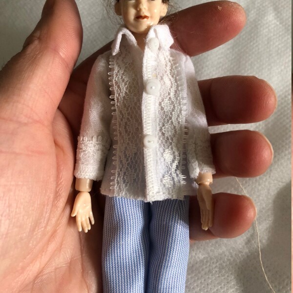 1:12 scale womens retro style white lace shirt with blue chopped trousers set by Jing's Creations