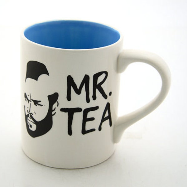 Mr Tea Mug Tea Cup Featuring Mr. T Turquoise Blue Interior White Exterior earthenware