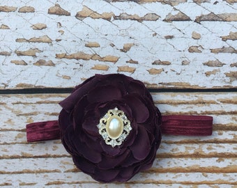Maroon flower headband with pearl accent