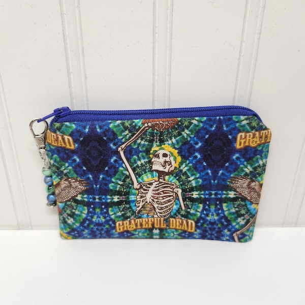 Fabric Coin Purse with Beaded Pull, Grateful Dead, Free Shipping, Made in my Ohio USA home