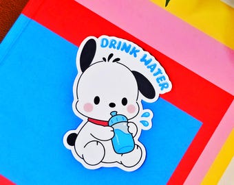 May include: A white cartoon dog sticker with black ears and a red collar, holding a blue water bottle. The sticker has the text "DRINK WATER" in blue. The sticker is on a blue, red, pink, and yellow background.