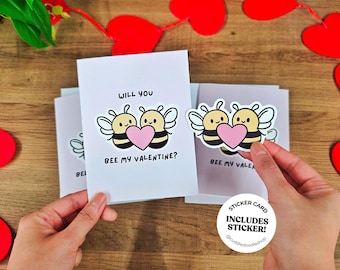 Will You Bee My Valentine? Card | Handmade Valentine’s Day Sticker Card, Bee Greeting Card with Sticker, Pun Card, Gift for her for him