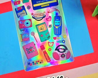Y2K Nostalgia Sticker Sheet: Retro 90s Holographic Vinyl Stickers