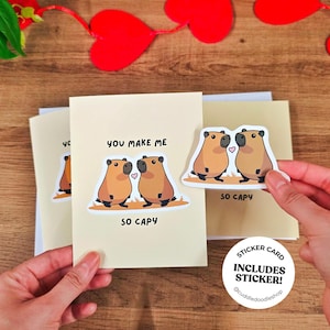 Vous me faites tellement Capy | Carte autocollante faite main pour la Saint-Valentin, carte de voeux Capybara avec autocollant, carte de jeu de mots, cadeau pour elle pour lui