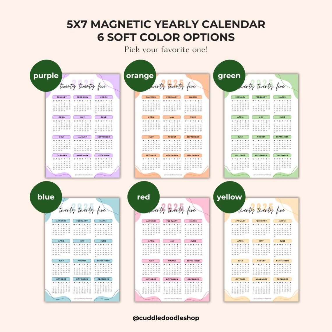 2025 Magnetic Yearly Calendar Minimalist Fridge Planner Year at a