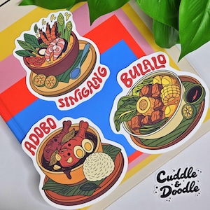 Filipino Ulam Comfort Food Sticker Set – Sinigang, Bulalo & Adobo | Pinoy Dish Vinyl Stickers | Handmade, Laminated, Waterproof