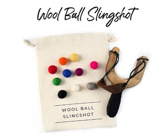 Wool Ball Sling Shot • Felt Slingshot • Wooden Toy For Kids • Rainbow Balls • Classic Wood Catapult Toy • Stocking Stuffer Gift For Boy Girl