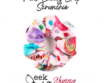 Pink Candy Shop Scrunchie • Cute Hair Scrunchy • Hair Tie • 90s Fashion Style • Gift for Her Teen Girl • Sweet Dessert Lollipop Accessory