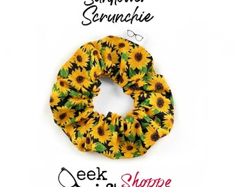 Sunflower Scrunchies • Cute Hair Scrunchy HS0008 • Fall Autumn Hair Tie • 90s Fashion Style • Teen Girl Gift • Trendy Flower Yellow Black