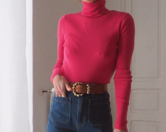 Pink Ribbed Soft Turtleneck Lightweight