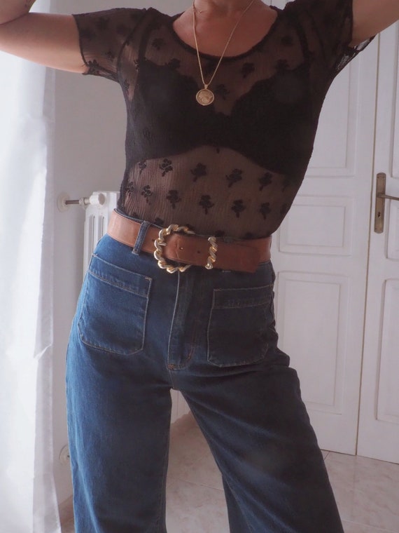 VINTAGE SHEER BLACK Tee // 1990s 90s Sheer Black T Sh… Gem