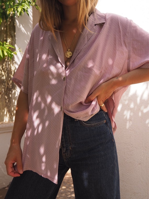 VINTAGE LILAC BLOUSE // Vintage Purple Polkadot Bl