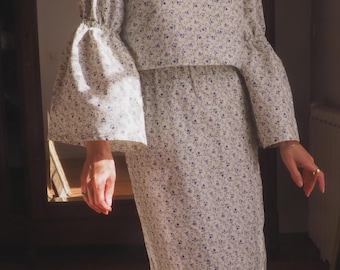 Vintage Floral Cotton Long Sleeved Matching Set Skirt