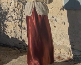 Rich Cinnamon Brown Long Satin Maxi Skirt