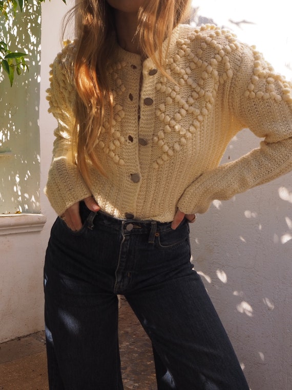 VINTAGE CARDIGAN // pom pom sweater // vintage cre