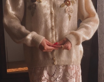 Vintage Soft Mohair Embroidered Embellished Cardigan