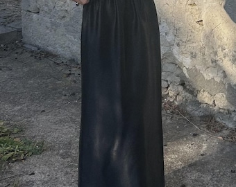 Jet Black Long Satin Maxi Skirt