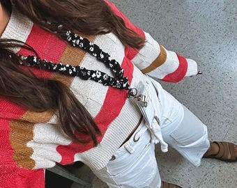 Cordón floral, cordón tipo scrunchie, llavero blanco y negro, cordón suave para enfermeras y maestras, cordón de tela elástica y portatarjetas