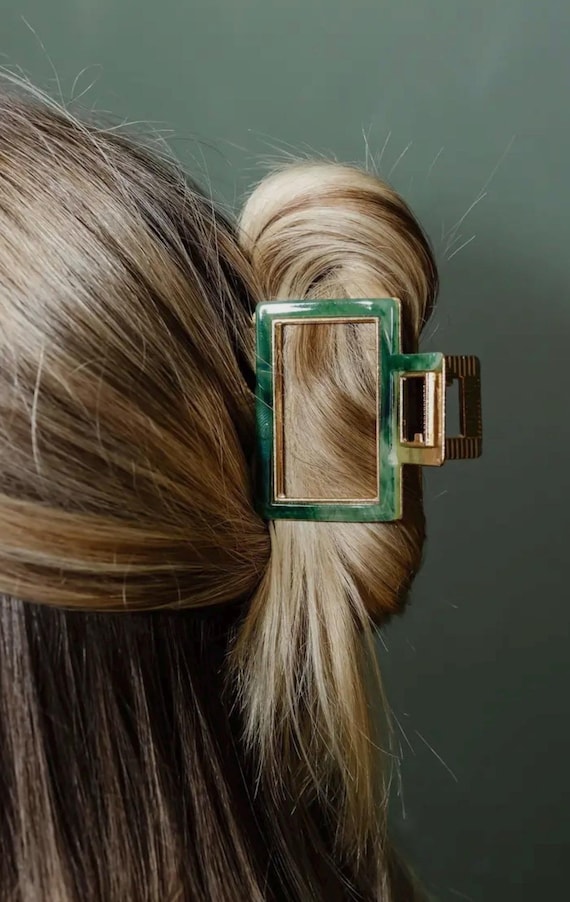 Metal Hair Claw Clip: Tortoise Pearl Acetate, Green Marble Accent, Ivory Metal Clip