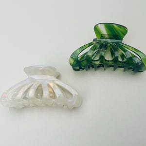 May include: Two hair clips, one green and one white with a pearlescent finish. Both clips have a claw design.