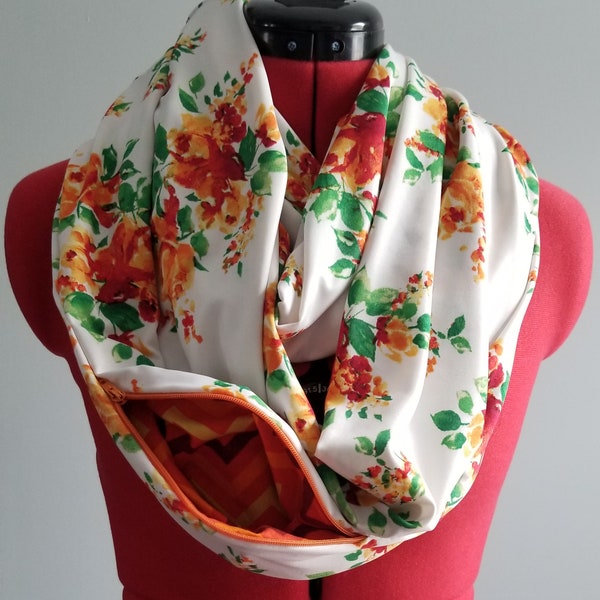 Orange Floral Infinity Scarf with Hidden Pocket