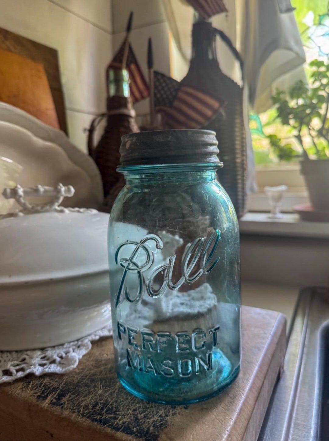 Vintage Ball Perfect Mason Jar With Zinc & Milk Glass Lid. - Etsy