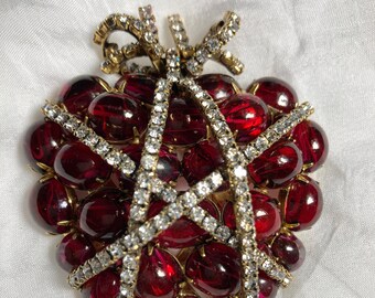 Vintage Iradj Moini Rhinestone Wrapped Ruby Heart Brooch - FREE insured shipping