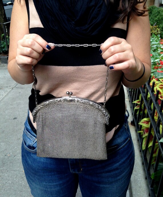 Vintage Silver Mesh Handbag, Satin Lining