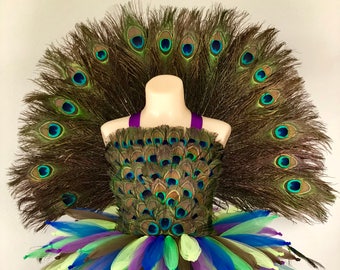 Déguisement tutu de paon, robe de reconstitution historique de mardi gras, costume d'oiseau, robe tutu en plumes de paon, mariage de paon, robe de fille de fleur de paon