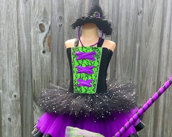 witch costume, witch tutu dress, good witch dress, Halloween witch costume, sparkly witch costume, witch hat, witch broom, Halloween pageant