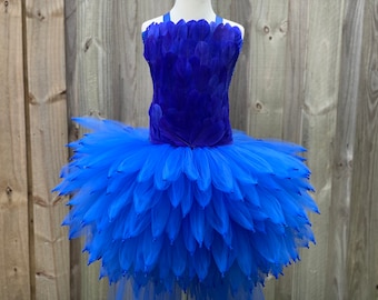 Blue macaw dress, blue jay costume, parrot costume, blue bird costume, rainforest party costume, blue feather dress, macaw costume